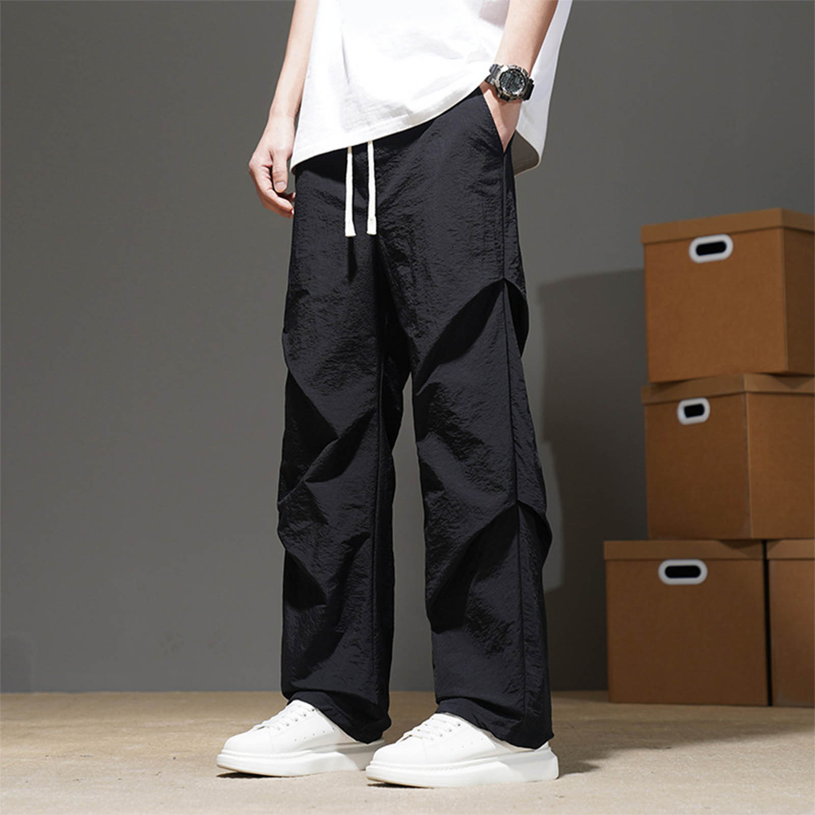 thumbnail image 2 of Pantalones informales rectos para hombre - Cintura elástica - Ligeros - Verano - Poliéster, 2 of 5